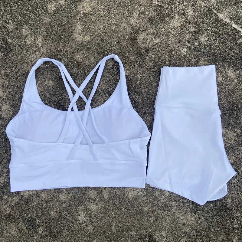 Yoga Clothes Set 2 Piece Gym Sports Shorts Set Women Cross Back Bra Top High Waist Shorts Fitness Suit Running Workout Tracksuit