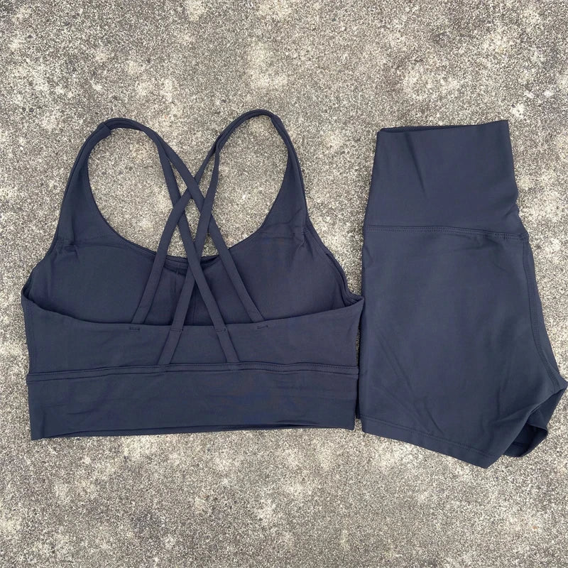 Yoga Clothes Set 2 Piece Gym Sports Shorts Set Women Cross Back Bra Top High Waist Shorts Fitness Suit Running Workout Tracksuit