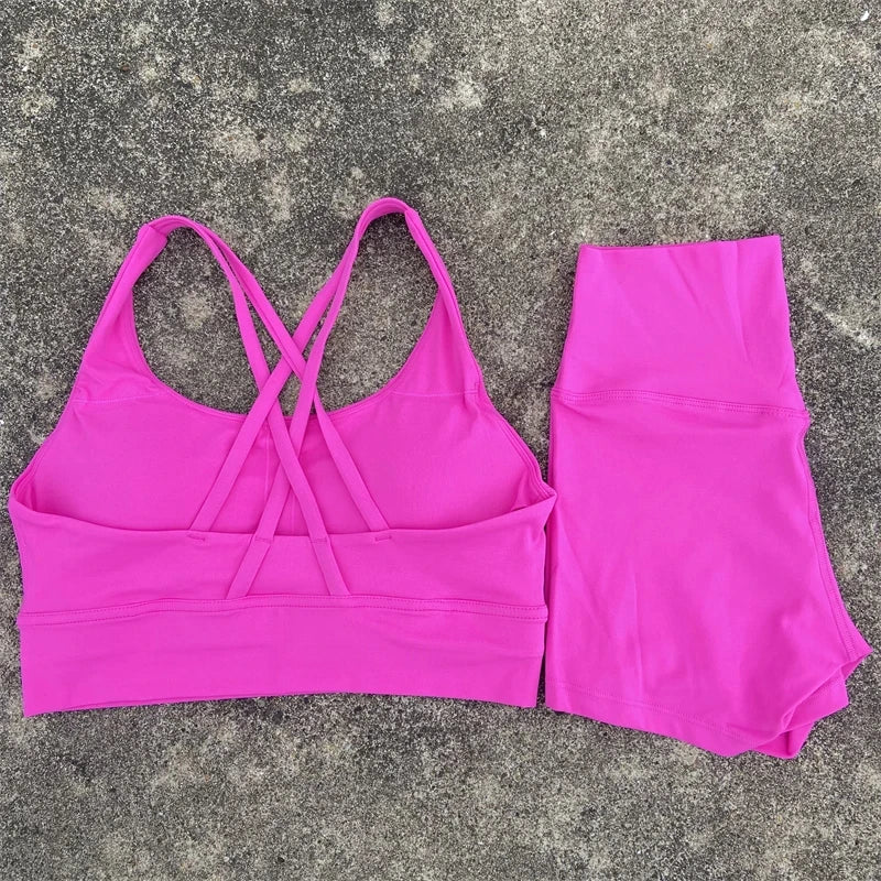 Yoga Clothes Set 2 Piece Gym Sports Shorts Set Women Cross Back Bra Top High Waist Shorts Fitness Suit Running Workout Tracksuit