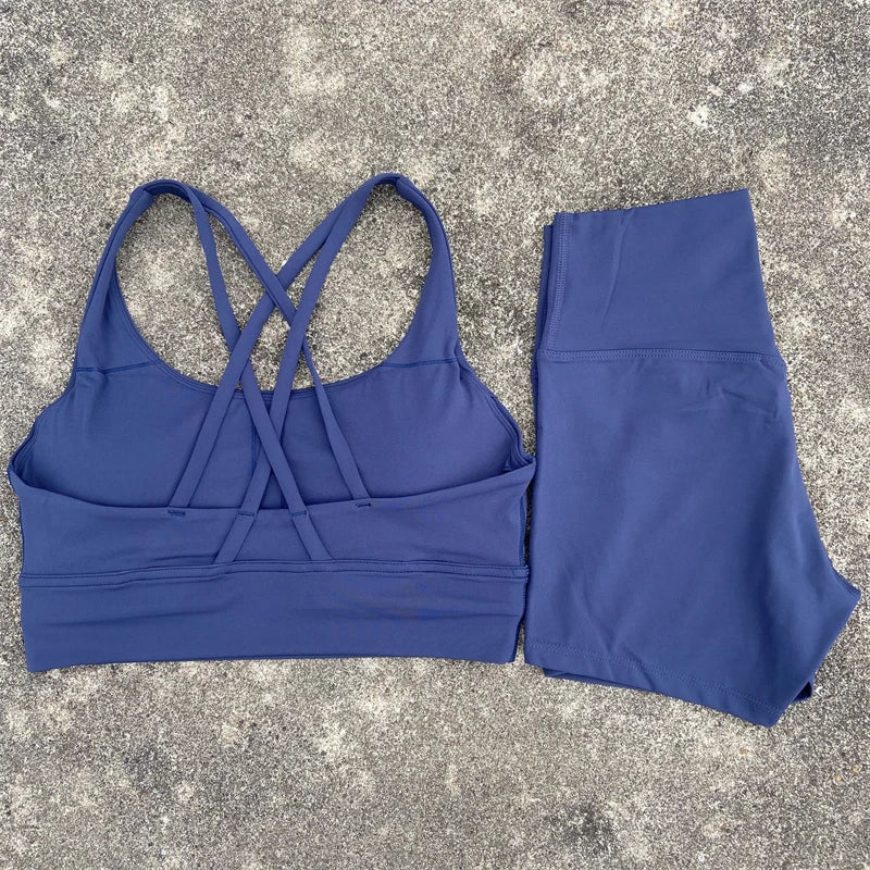 Yoga Clothes Set 2 Piece Gym Sports Shorts Set Women Cross Back Bra Top High Waist Shorts Fitness Suit Running Workout Tracksuit