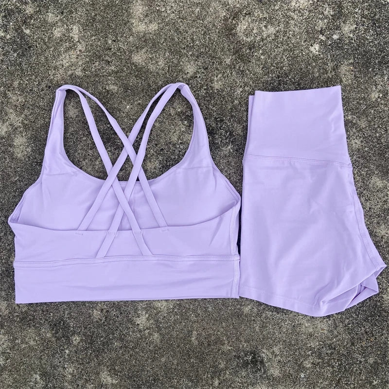 Yoga Clothes Set 2 Piece Gym Sports Shorts Set Women Cross Back Bra Top High Waist Shorts Fitness Suit Running Workout Tracksuit