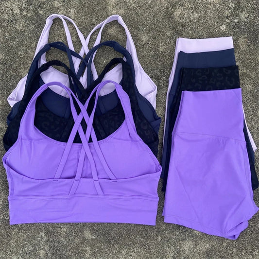 Yoga Clothes Set 2 Piece Gym Sports Shorts Set Women Cross Back Bra Top High Waist Shorts Fitness Suit Running Workout Tracksuit