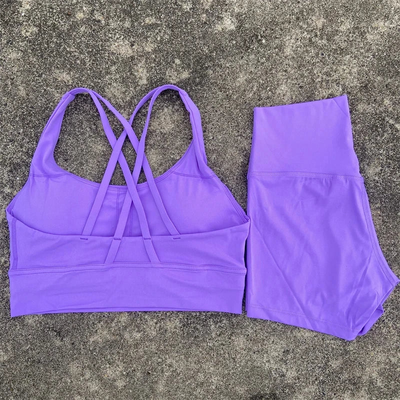 Yoga Clothes Set 2 Piece Gym Sports Shorts Set Women Cross Back Bra Top High Waist Shorts Fitness Suit Running Workout Tracksuit